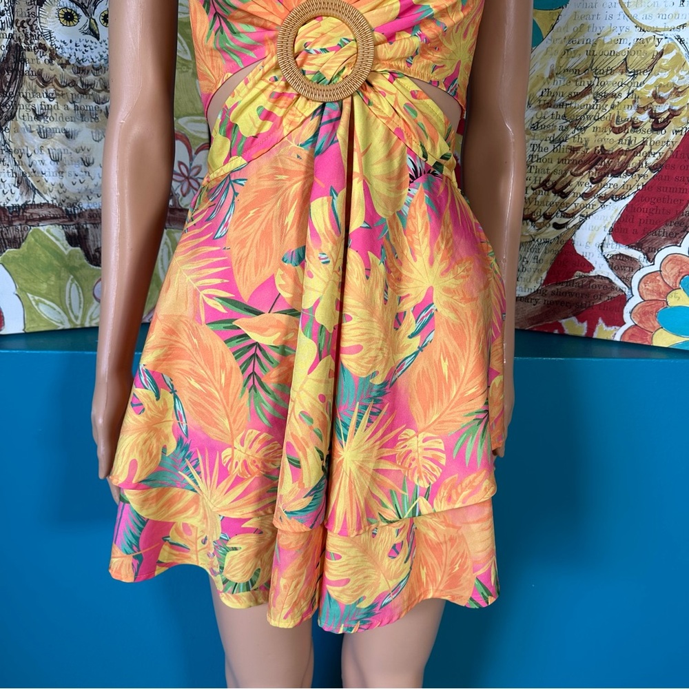 Shein Dress Tropical Print Layered Hem Tie Backless Halter Hawaiian Sun‎ Dress - Picture 4 of 10